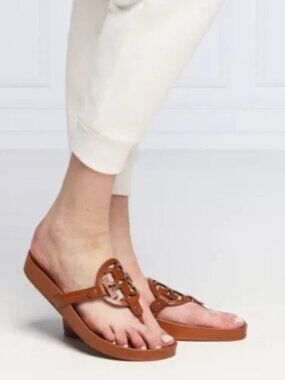 Tory Burch Miller Sandals Brown Leather Logo Thong Flat Slides Women’s Size 7